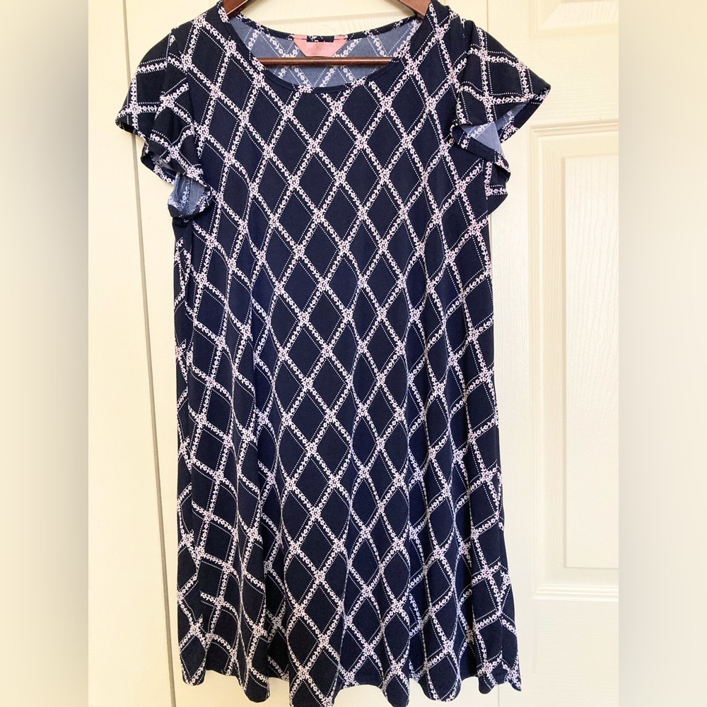 SJS Floral Flowy Pink Navy Blue Mini Dress Short Flutter Sleeve Long Shirt
